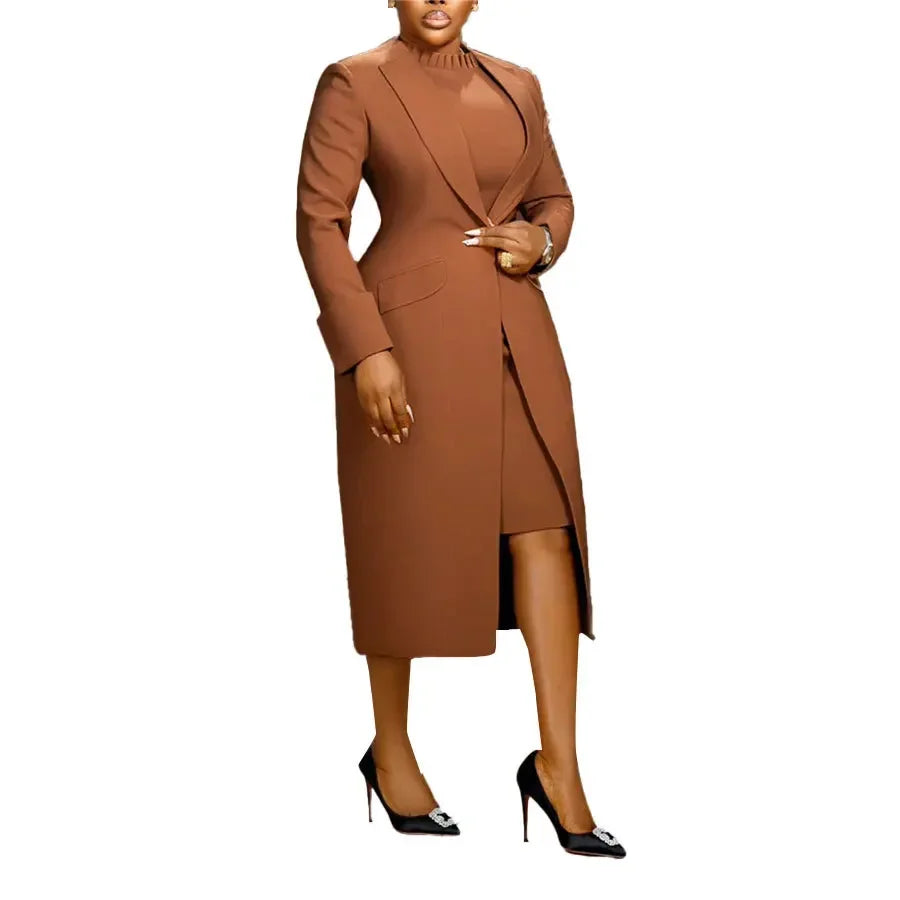 Women's Set Full Sleeve Long Blazer Coat+ Long Dress Suit 2025 Winter Streetwear Two 2 Piece Set Africa OL Work Outfits Brown