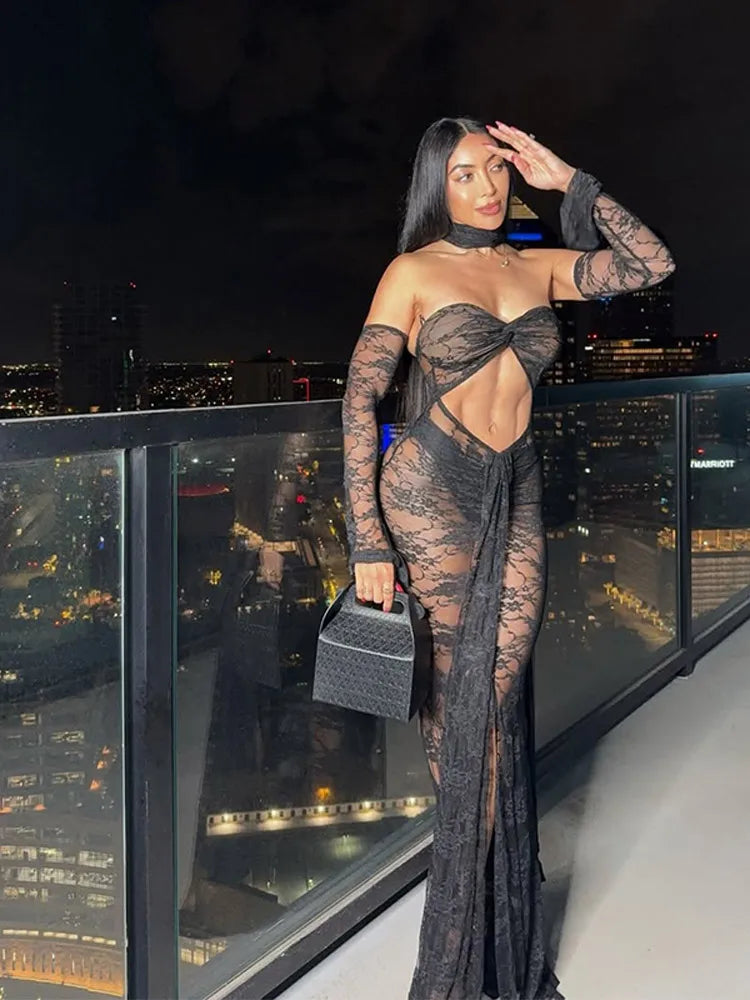 Sexy Lace See Through Black Long Dress Women Cut Out With Scarf Slim Fit Full Sleeve Maxi Dresses New Summer Evening Club Robes