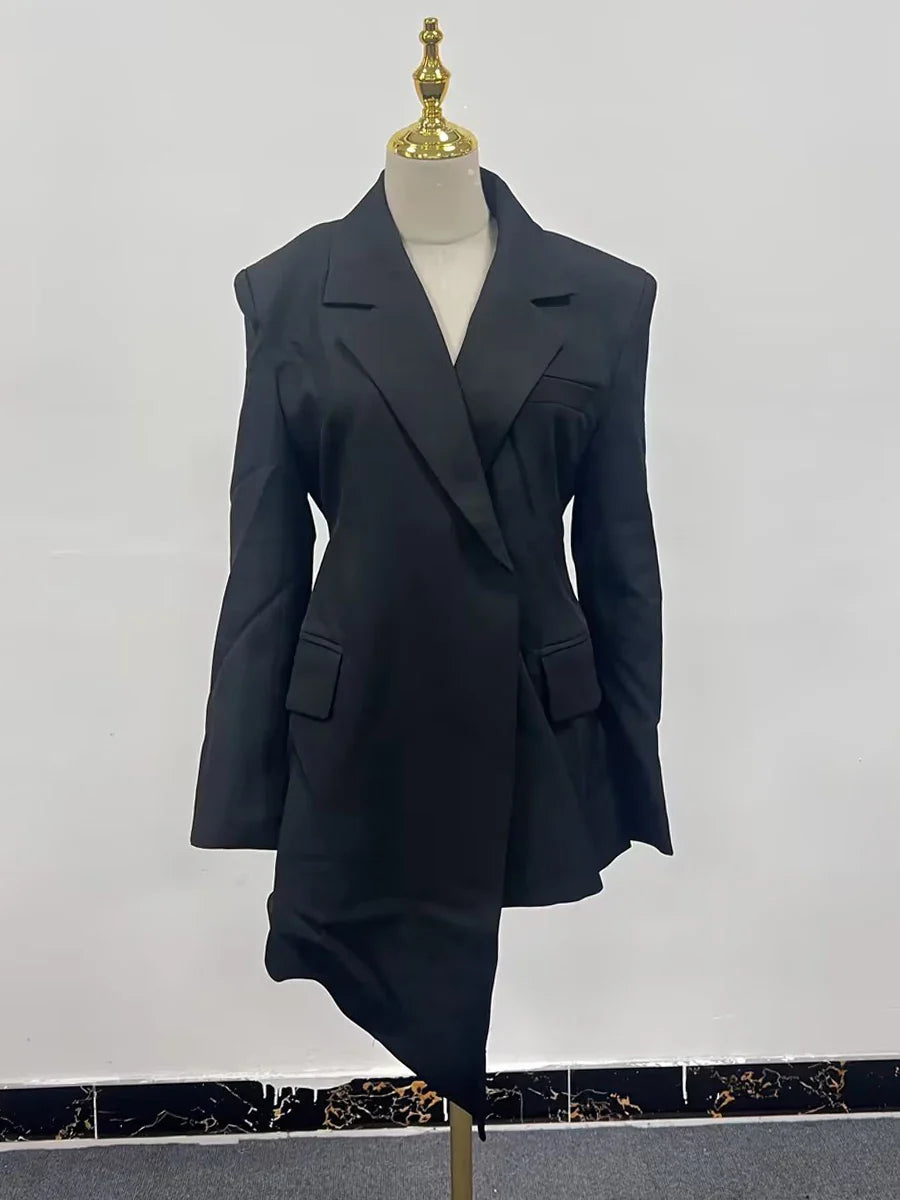 Solid Minimalist Blazer For Women Notched Collar Long Sleeve Patchwork Pockets Irregular Coat Female Fashion Style