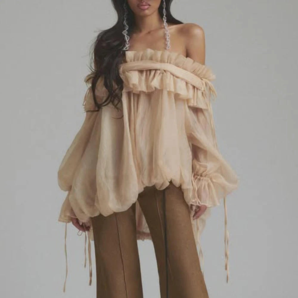 Solid Loose Spliced Folds Blouse for Women Slash Neck Long Sleeves Patchwork Lace Up Fashion Top Female Clothing CHAMPAGNE