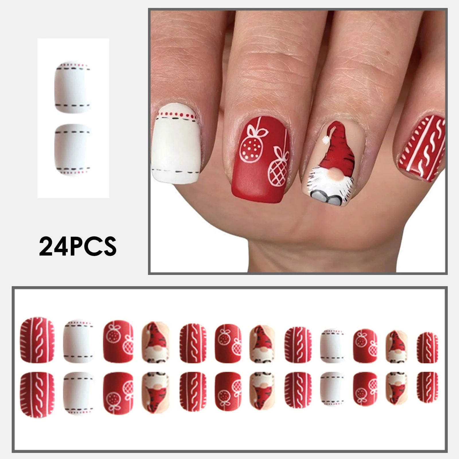 Red/White Short Square Fake Nails 24Pcs Christmas Press On Nails Santas/Candy Printed Full Cover Stick-on False Nails Patches