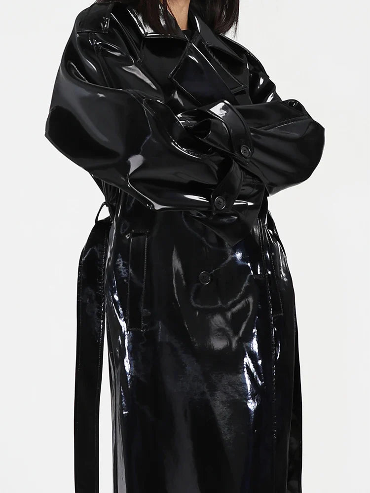 Spring Autumn Long Shiny Reflective Patent Leather Trench Coat for Women Sashes Luxury Designer Runway European Fashion