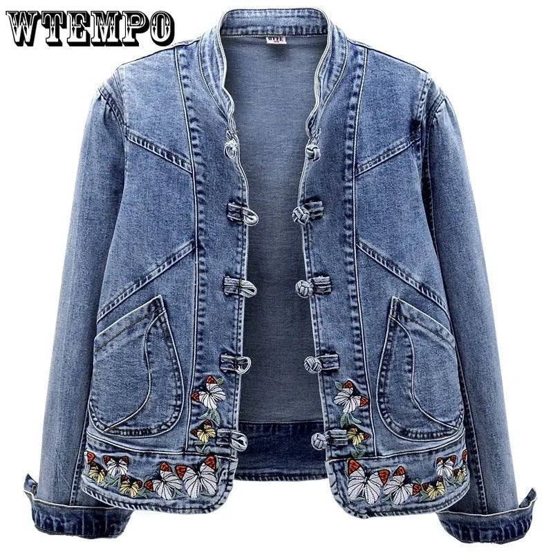 Short Denim Jacket Vintage Chinoiserie Embroidered Stretch Jacket Women's Spring and Autumn All Match Fashion Harajuku Slim Tops Blue