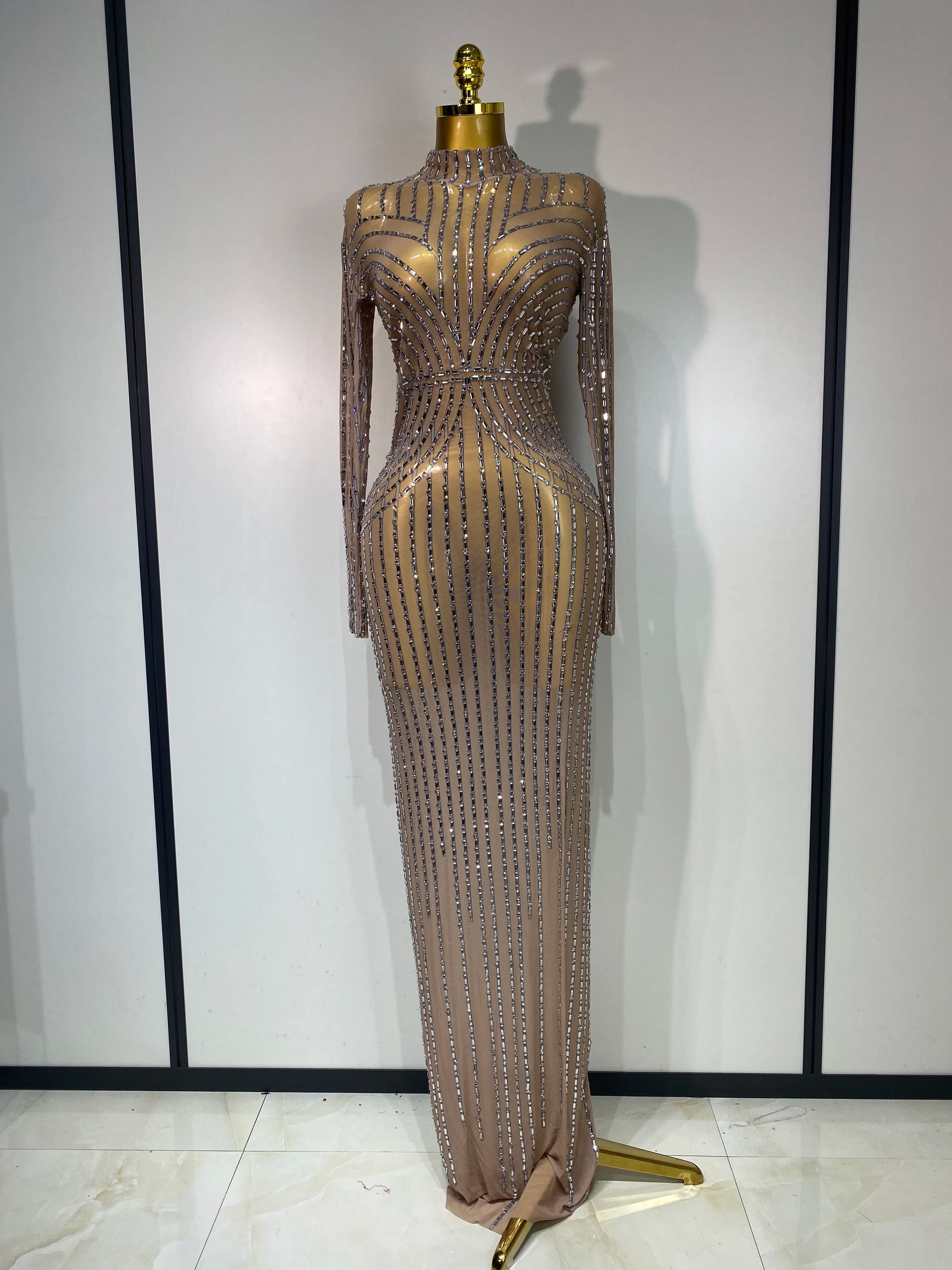 Sexy Long Sleeve Mesh See Through Gold Silver Maxi Dress Evening Party Singer Costume Stage Performance Luxury Birthday Dress Silver