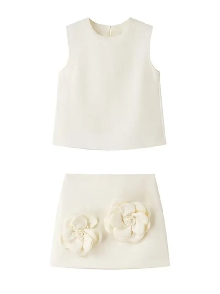 Aonibeier Y2K Extreme Short Women Mini Skirt Suits Traf Summer Flower Appliques Sleeveless Tanks Female Crop Top Sets White BG