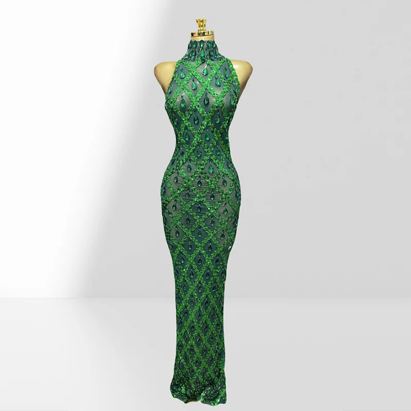 Woman Birthday Party Outfit Club Performance Costume Sparkling Diamond Green Sequins Sexy Mesh see Through Ankle Length Dress