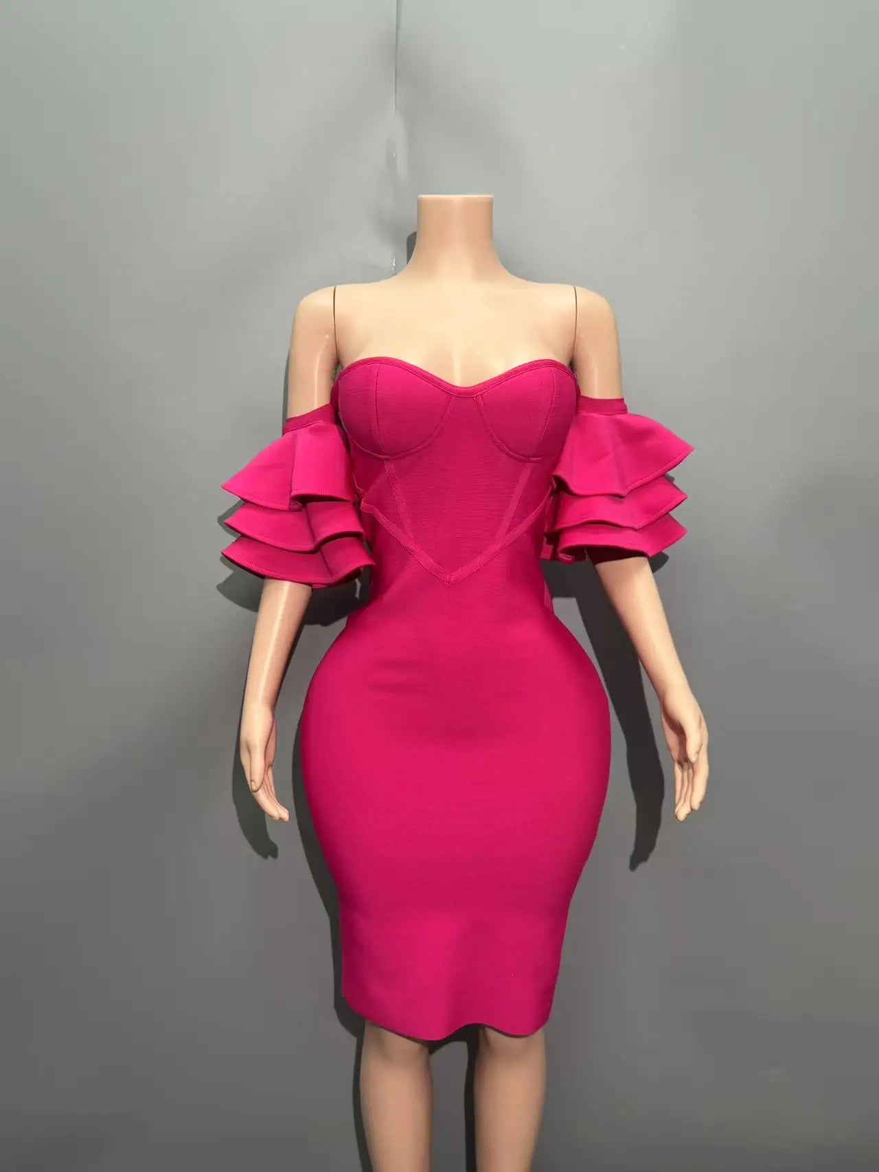 Rosered Color Women Sexy Strapless Ruffles Bodycon Mini Bandage Dress Birthday Party Celebrate Cocktail Dress Vestido