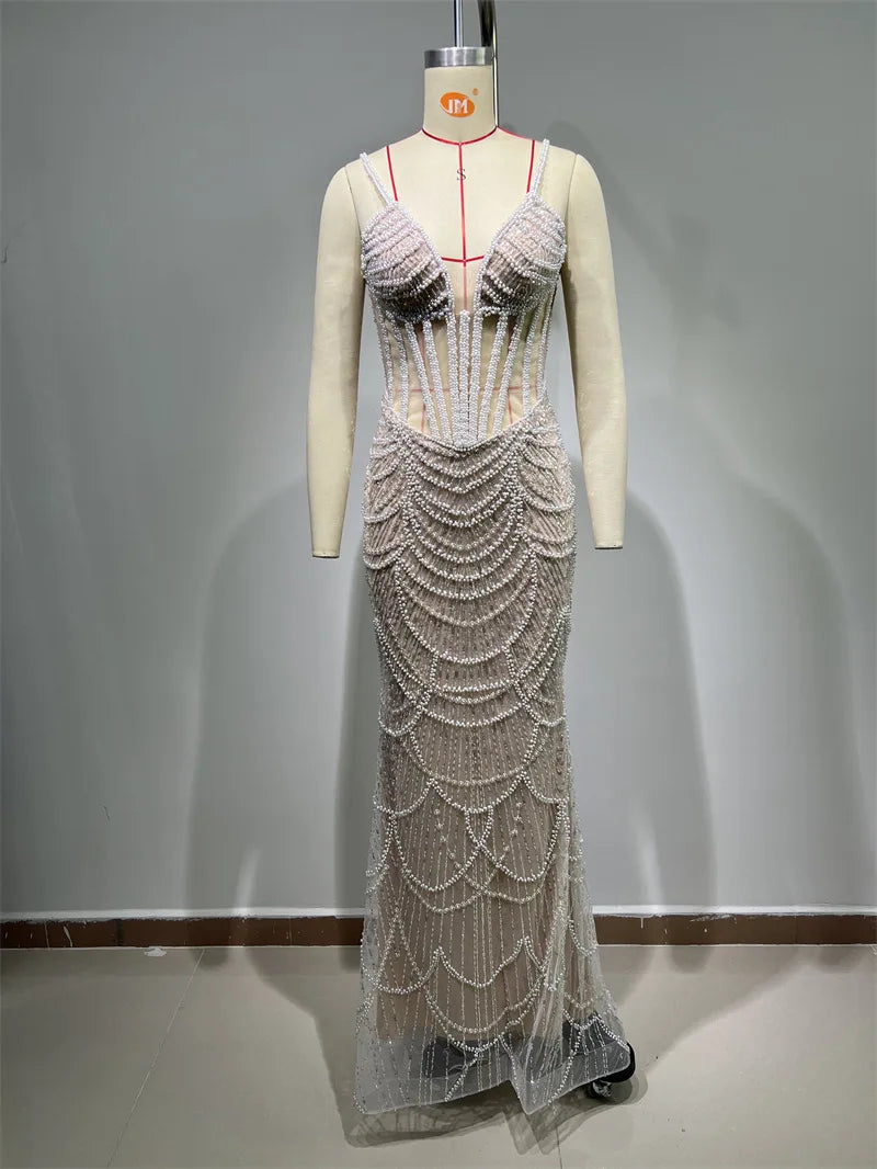 2025 Luxury Pearl Beading Haute Couture Sexy V-Neck Floor Length Dress Woman Birthday Party Dress Wedding Party Goddess Vestido