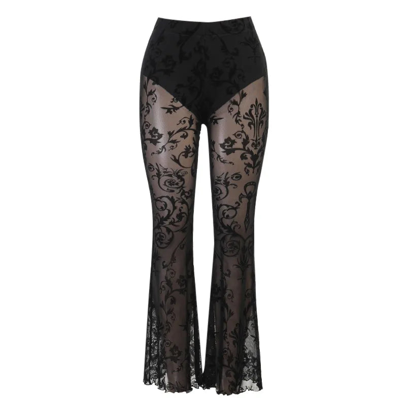 Y2K Gothic Black Lace Mesh Flared Pants Sexy Harajuku Aesthetic See Through Long Trousers Vintage Women Summer Pants Streetwear LQ21030