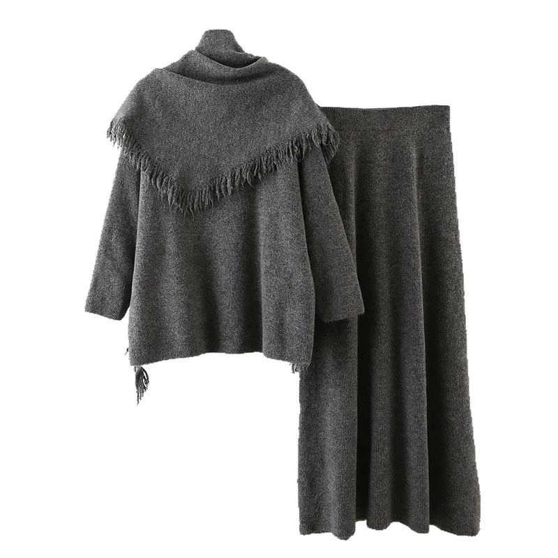 Autumn Winter New Fashion High-End Casual Knitted Set For Women Tassel Shawl Pullover Sweater Skirt Female 11A07539