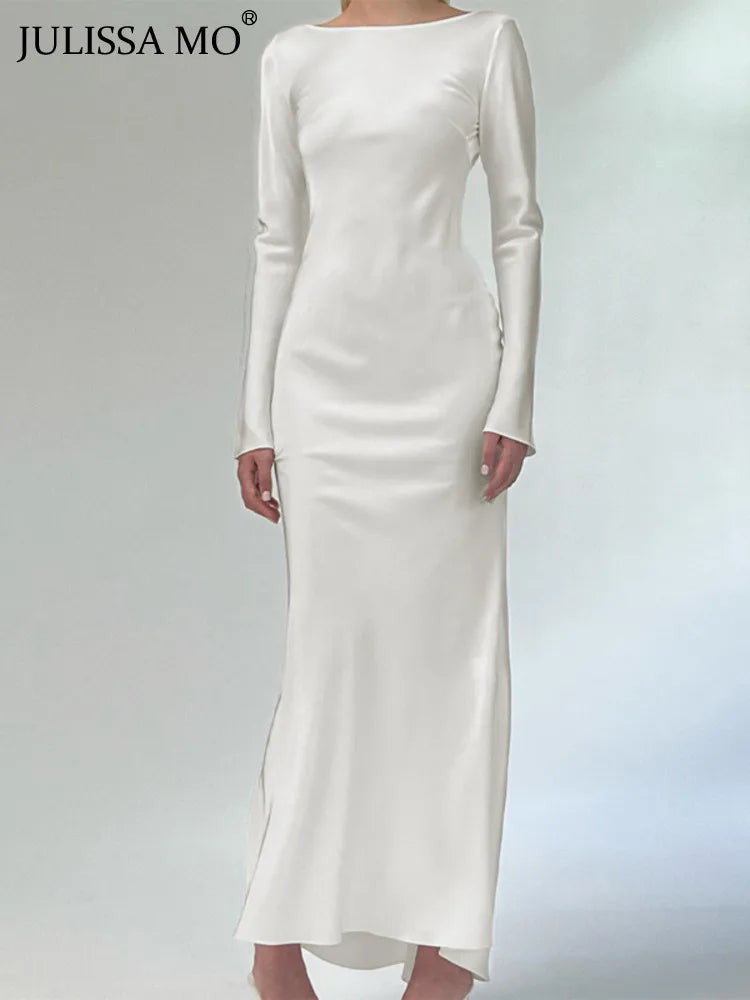 JULISSA MO Elegant Solid O-Neck Long Sleeve Backless Maxi Dress For Women 2023 Autumn Chic Silver Slim Long Dress Outfits