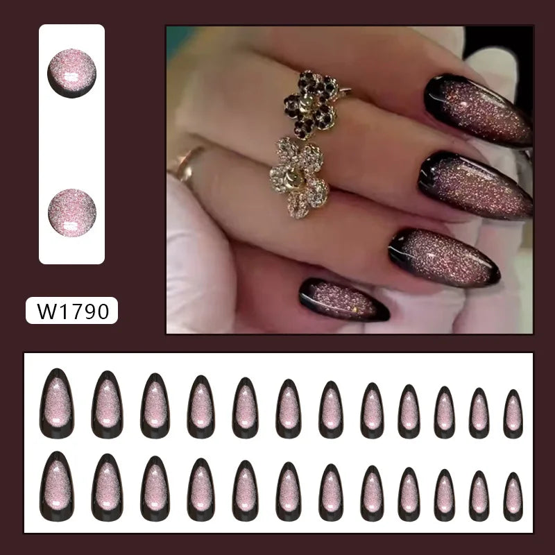 24pcs Shiny Green Cat Eye False Nails Cute Seal Print Fake Nails Tips Wearable Reusable Glossy Short Round Press on Nails 17