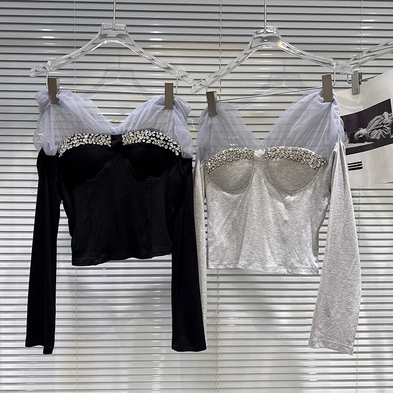 Winter New Fashion Mesh Patchwork Rhinestone Beaded Chest Pad T-Shirt For Women Slim Fit Short Tops Female 11A07772