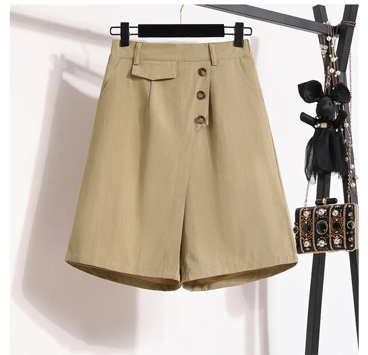 New Ladies Summer Plus Size Fashion Pants For Women Large Loose Asymmetry Shorts 3XL 4XL 5XL 6XL 7XL Clothing Khaki