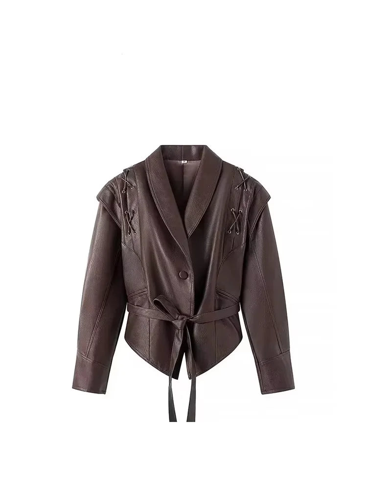 Lautaro Spring Distressed Brown Short Asymmetrical Pu Leather Jacket Blazer Women Retro Vintage Fashion Luxury Designer Clothes Brown