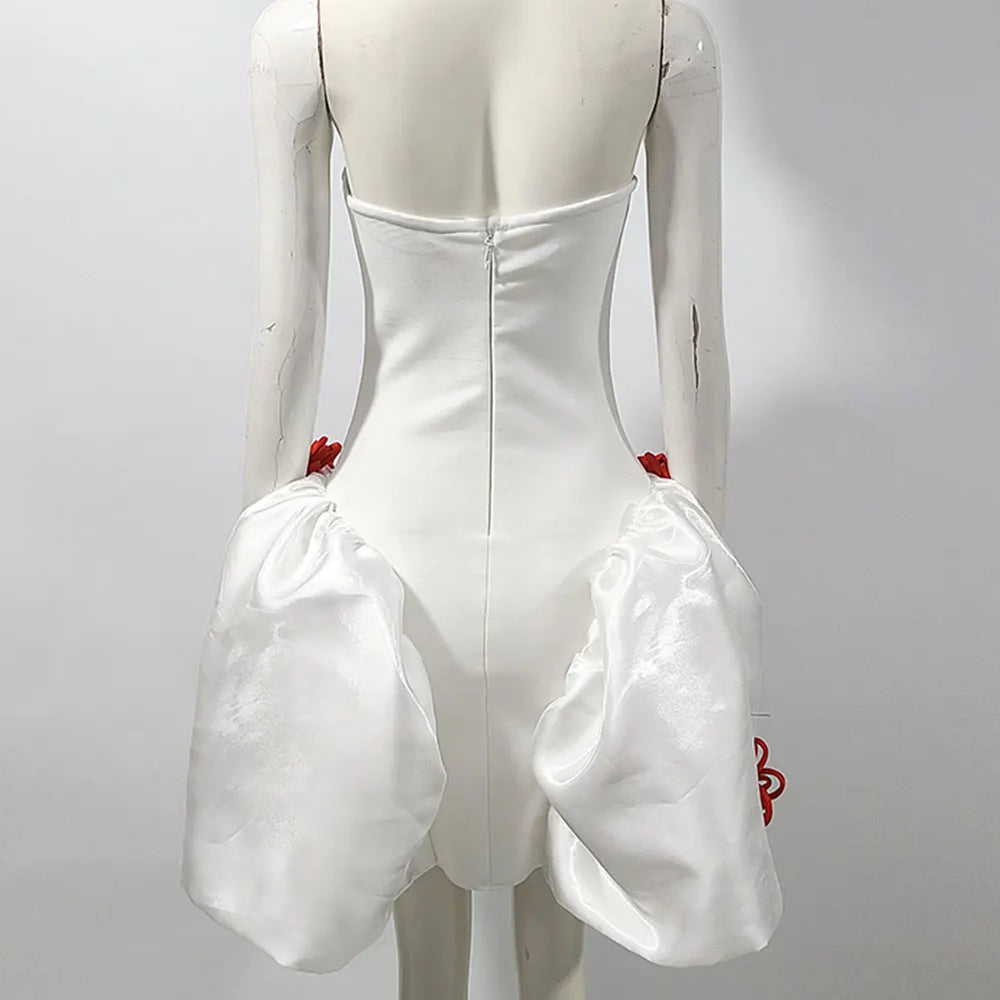 2024 Sexy Women's 3D Flower Decorative Puff Dress Strapless Sleeveless Backless A-line Mini Dress Cocktail Evening Party Vestido