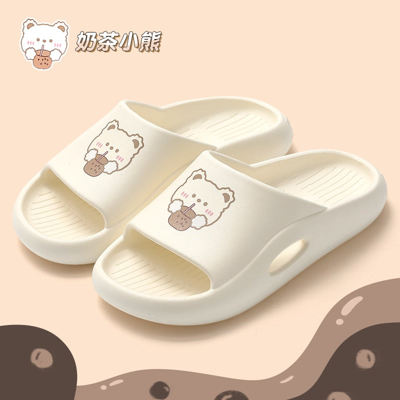 Solid Bear Slippers Cartoon Graffiti Shoes Women Summer Flip-Flops Beach Sandals Thick Platform Soft Cozy Casual Home Slippers 5705w