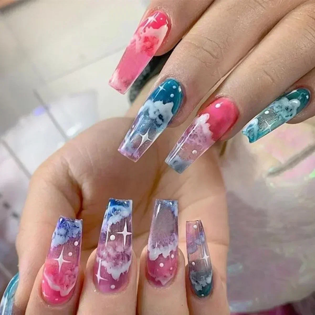 24Pcs Wearable Colorful Butterfly Designs French Press on Nails Long Ballet False Nails with Rhinestone Acrylic Fake Nails Tips