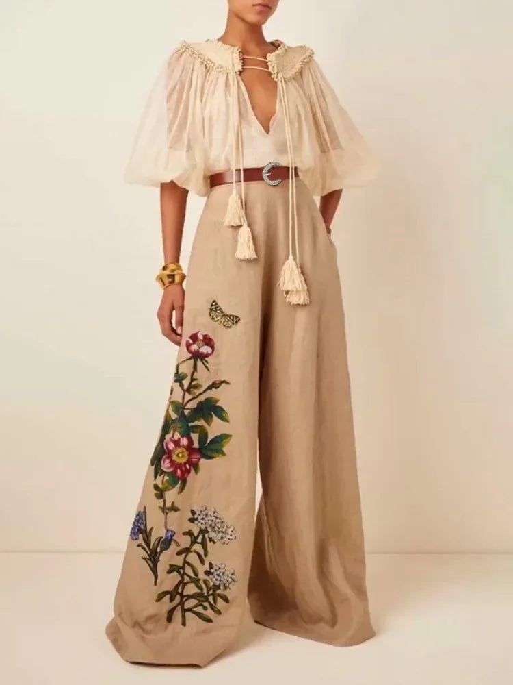 Krisnanas Women's Cotton and Linen Pants Fashion Pockets Flower Print Elasticity Belted Wide Leg Loose Trousers Pants