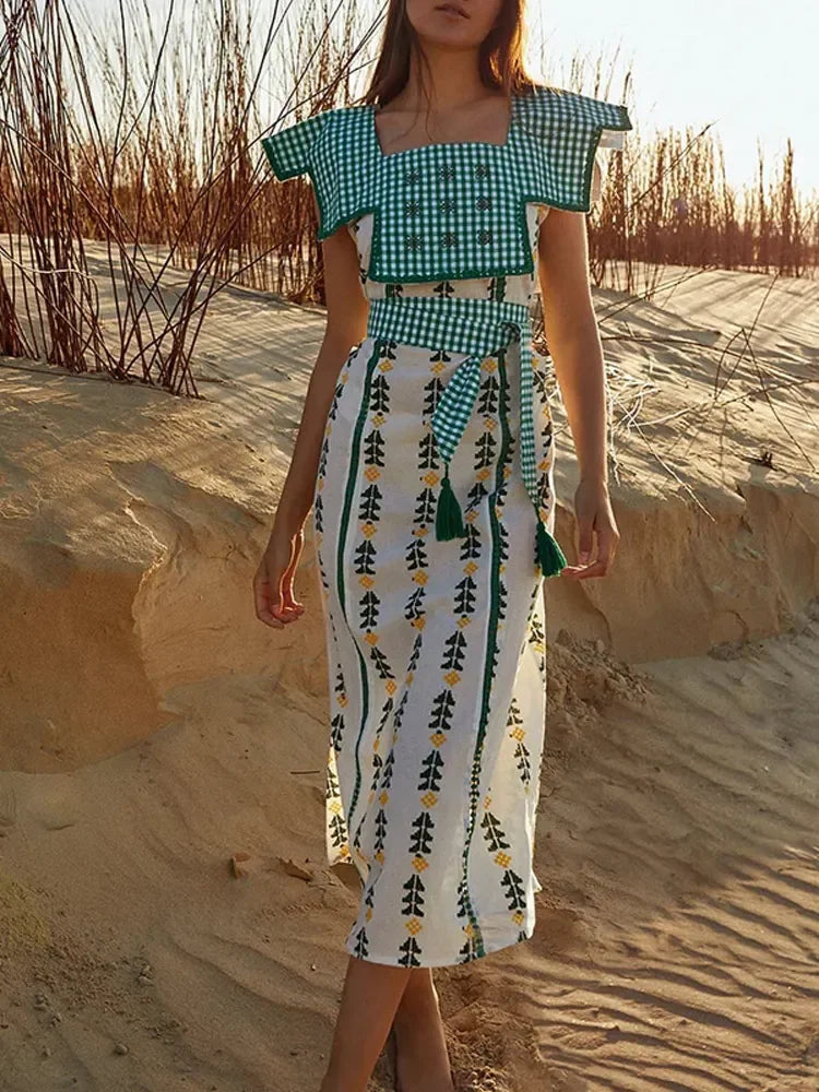 Fashion Lapel Flying Sleeve Print Dress Women Loose O Neck With Tassels Belt Midi Dresses Spring Elegant Female Party Vestidos green