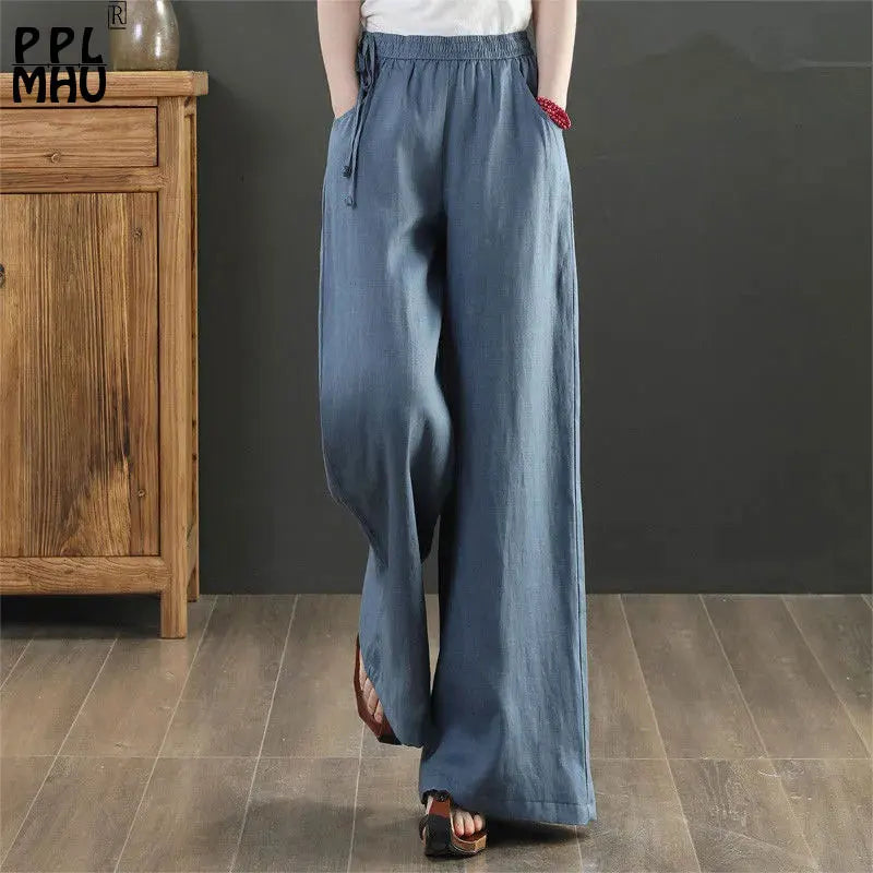 Cotton Linen Wide Leg Pants 4xl Big Size Trousers Women Summer Elastic Waist Casual Ankle-length Pantalones Baggy Sweatpant