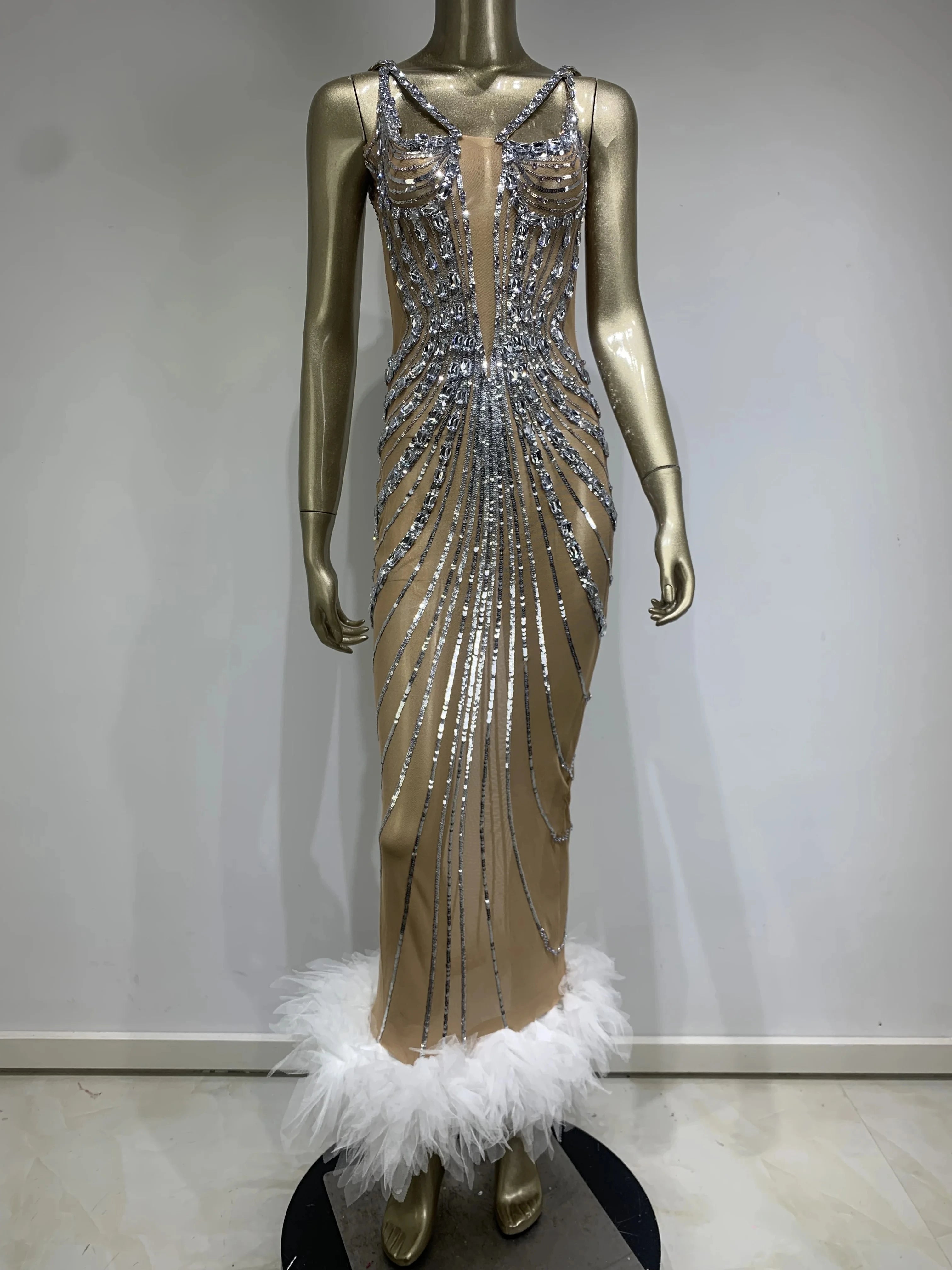 Stock Women Luxury Sexy Mesh Sequins Crystal Diamonds Feather Dress Birthday Party Costume Bar Nightclub Stage Performance Dress