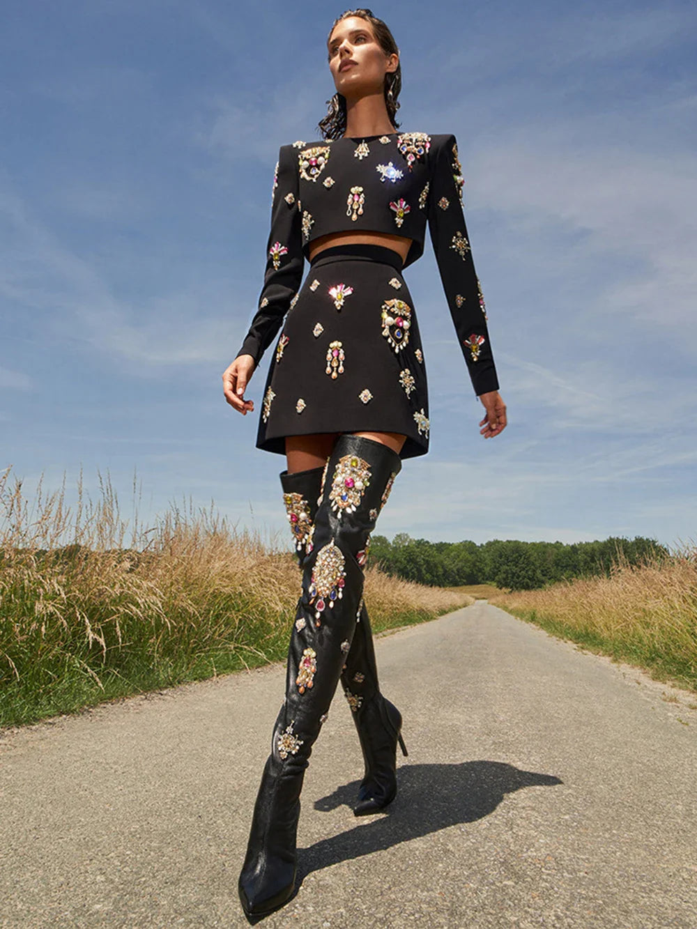 Ailigou 2023 New Autumn Women's Fashion Sexy Luxury Colorful Diamond Bead Short Top+Dress Black Two Piece Set