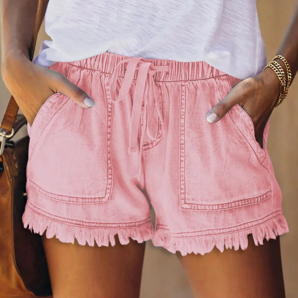 Plus Size High Waist Elastic Drawstring Jeans Shorts Women's Summer New Arrival