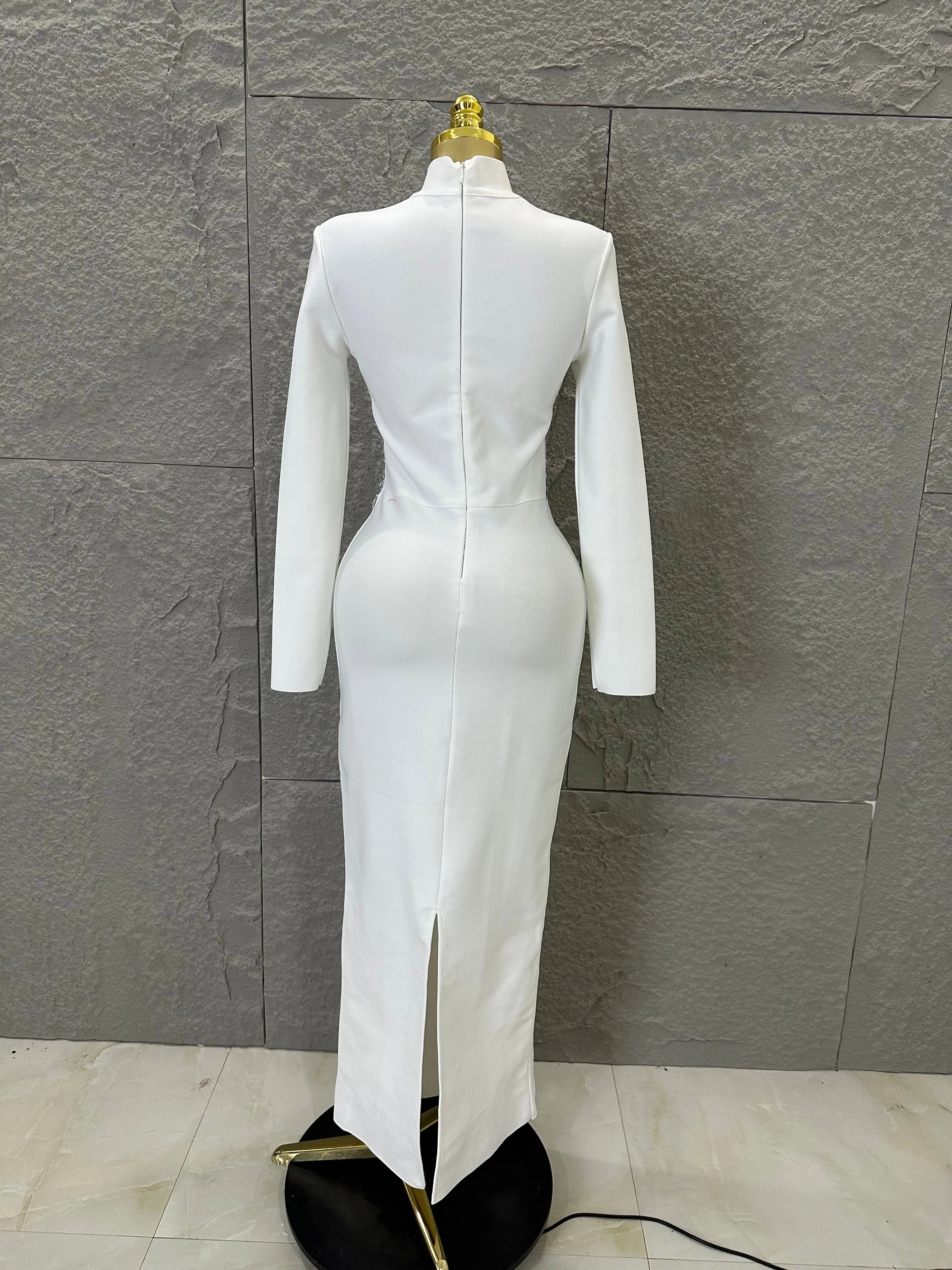 2026 White High Neck Maxi Dress Women Sexy Long Sleeve Full Crystal Waist Embellished Form-Fitting Outfit Cocktail Party Costume