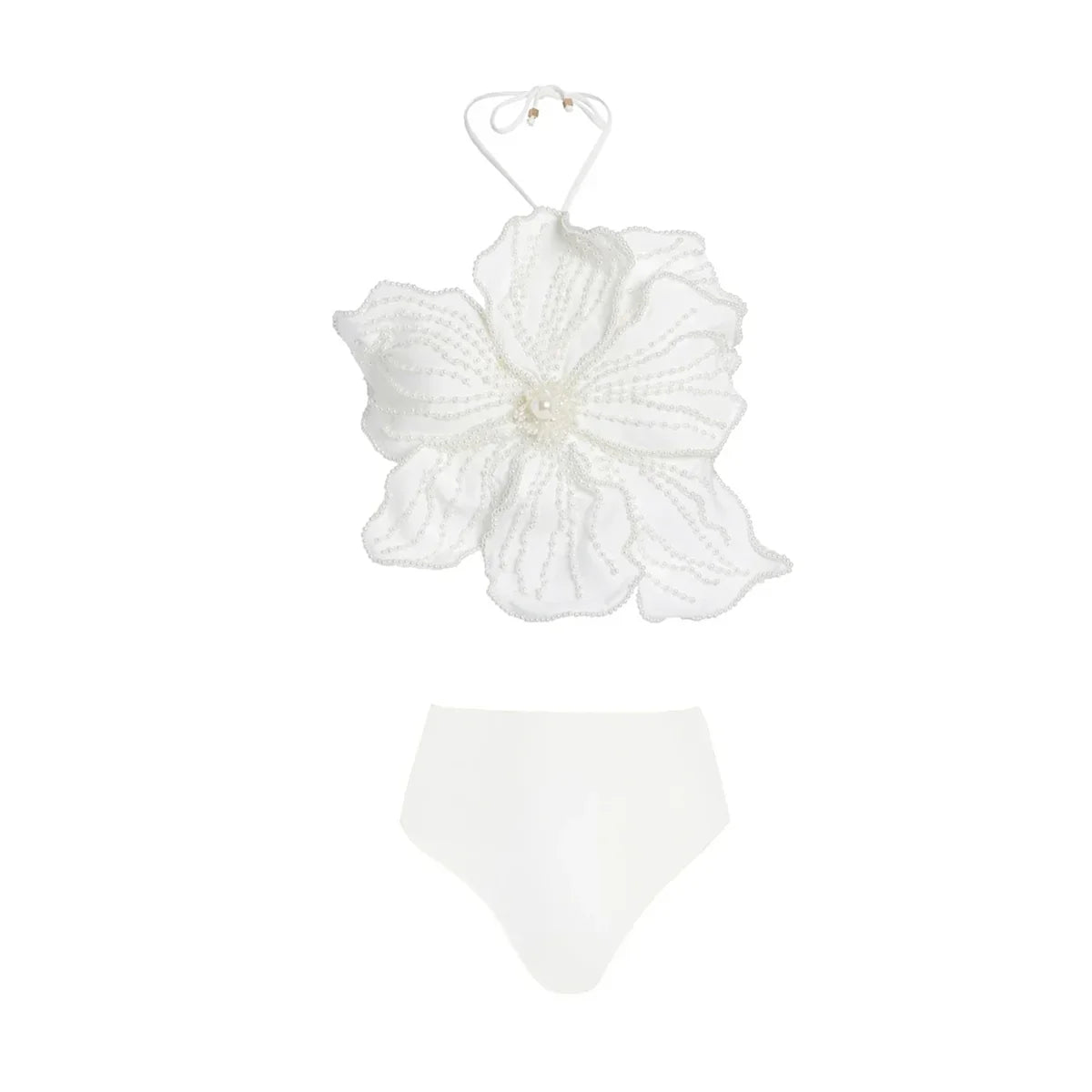 Fashion Flower Bikini Pearl Design Neck Swimsuit Luxury Sexy Tube Top Halter Seaside Vacation Hollow Trousers Women'S Retro white bikini
