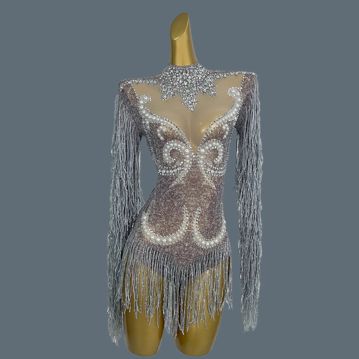 Sparkly Diamonds Pearls Celebrity Bodysuit Women Sexy Performance Dance Costume Singer Show Stage Wear Nightclub Outfit Yanhui GRAY