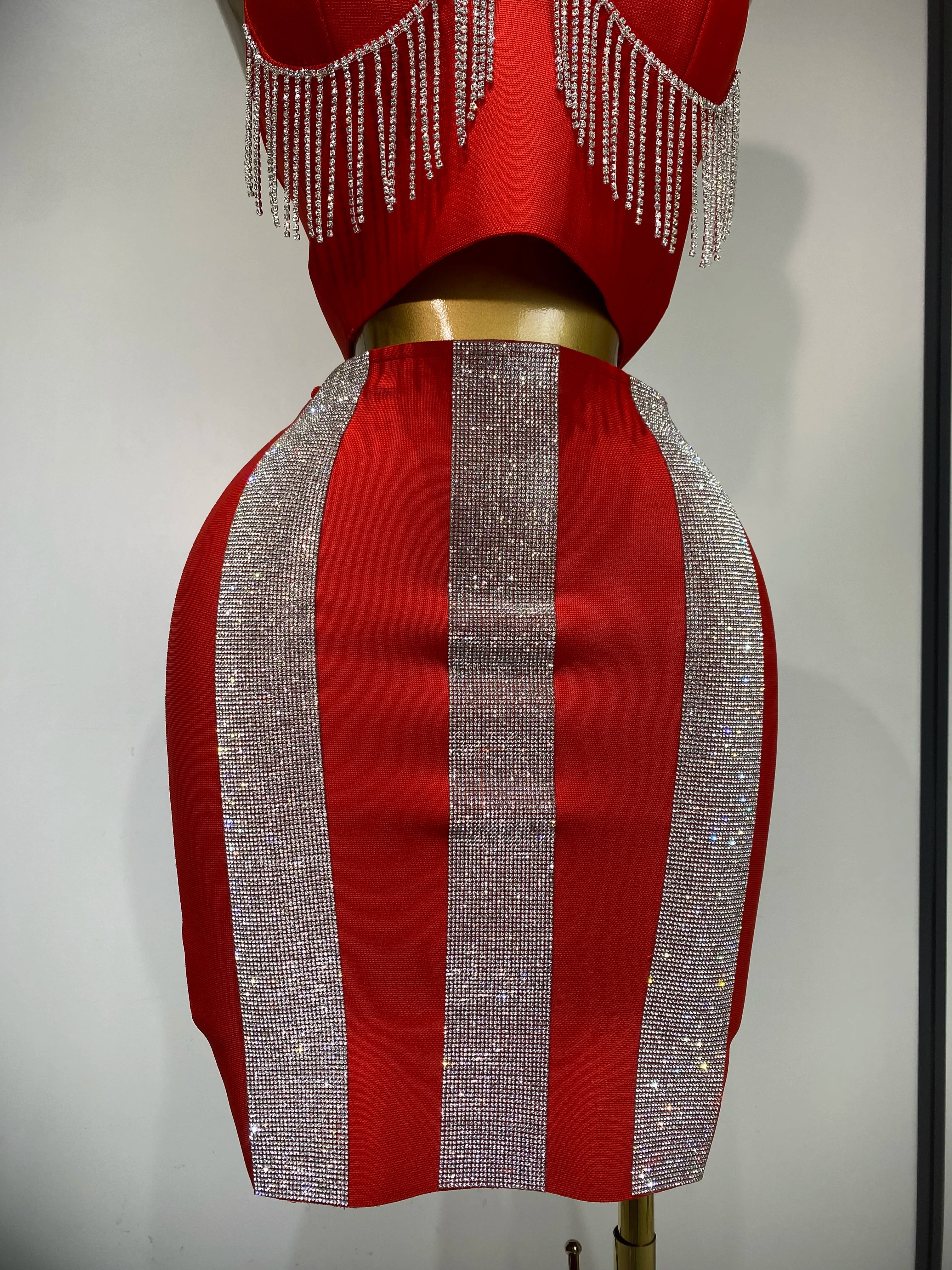 Women Sexy Sling Backless Tassels Bandage Skirt Two Piece Set 2025 Knitted Celebrity Elegant Evening Luxury Birthday Dresses