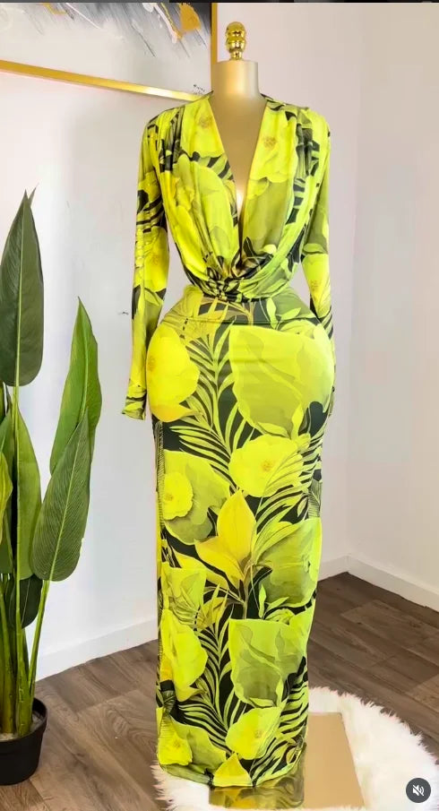 Women Rose Printed Long Sleeve Pile Neck Bodycon Midi Maxi Long Dress 2025 Summer Birthday Vacation Sexy Party Dresses Yellow