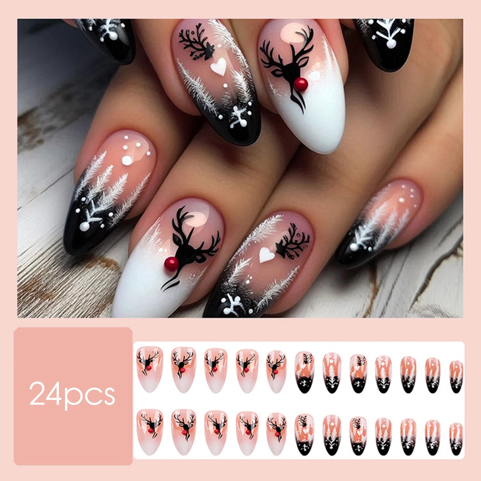 24Pcs Christmas Fake Nails Reindeer Printed Short Almond Press On Nails Black/White French Reusable False Nails DIY Manicure