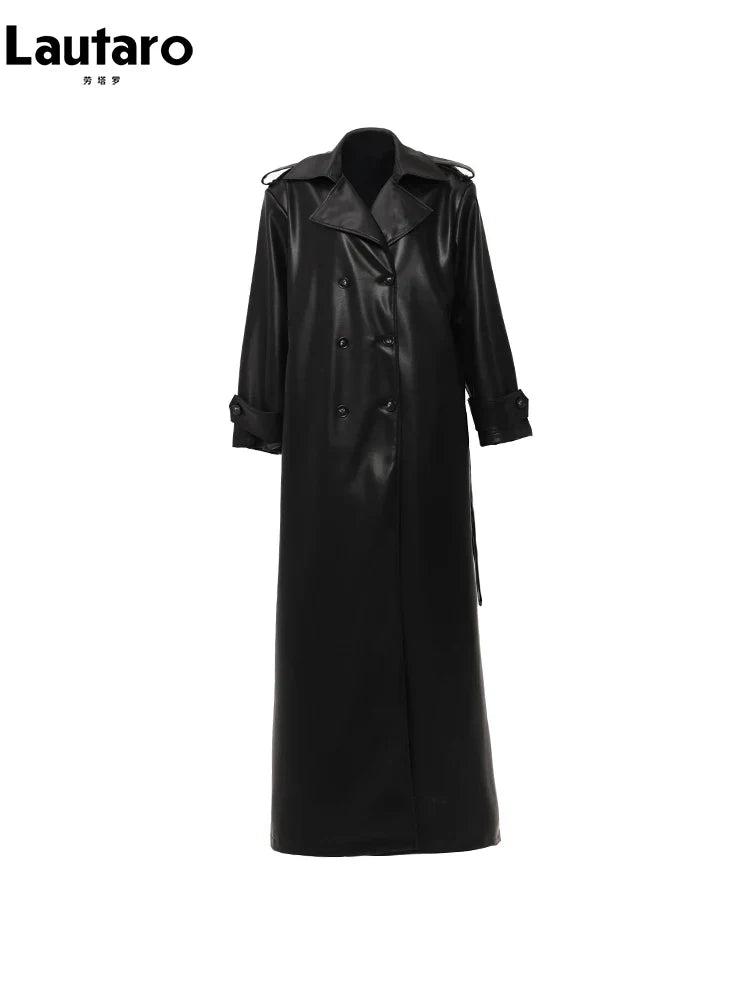Spring Autumn Extra Long Black Soft Pu Leather Trench Coat for Women Double Breasted Loose Casual Korean Fashion 2024