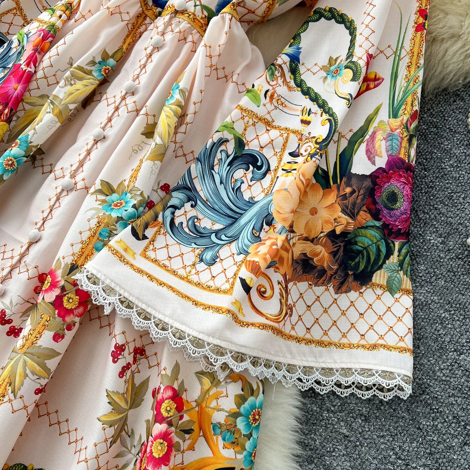 Elegant Floral Long Maxi Dresses Shirt Women Lantern Full Sleeve National Trench Print Single Breasted Lace Neck Party Vestidos