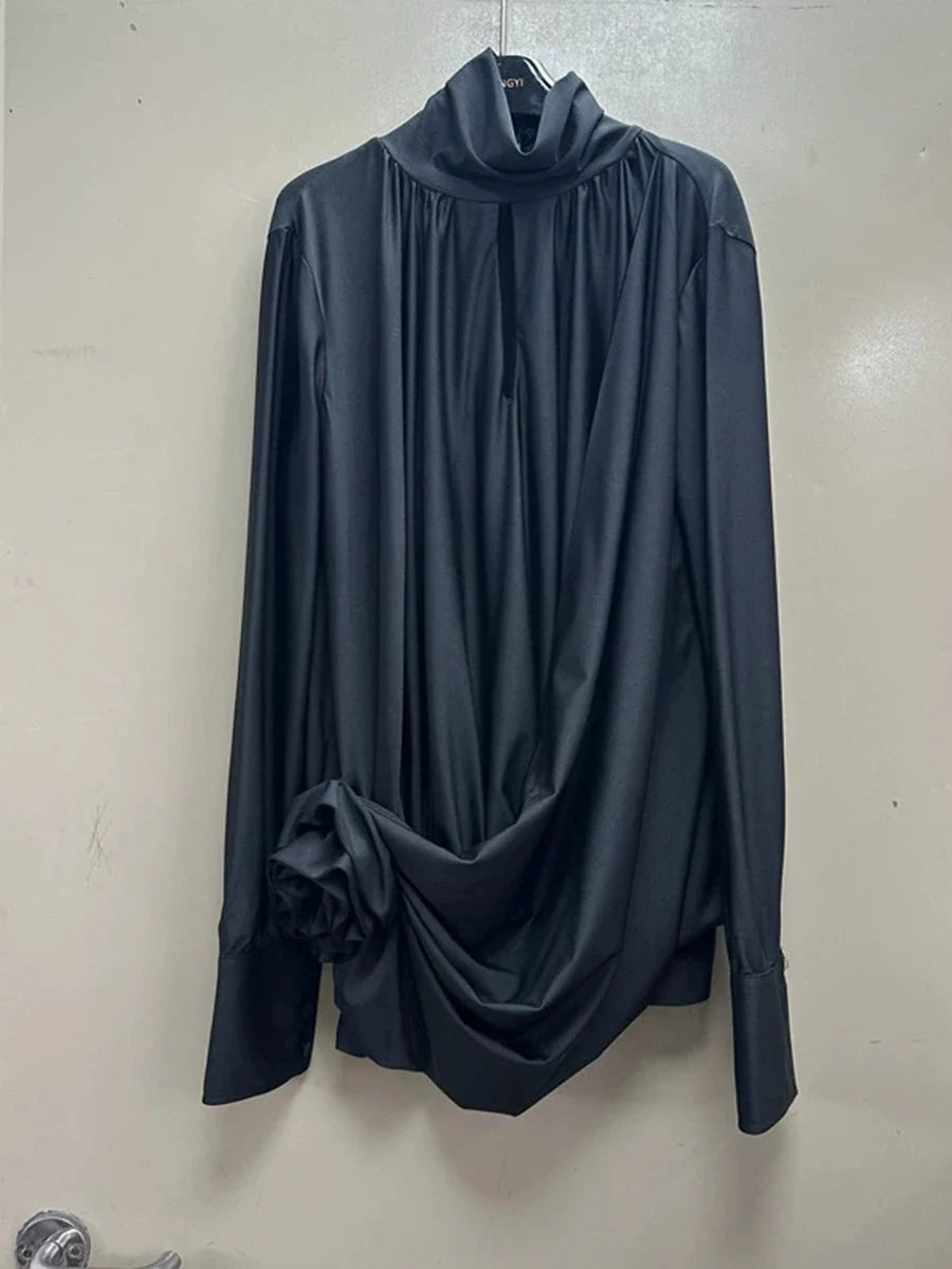 Solid Slimming Fashion Mini Dresses for Women High Waist Patchwork 3D Flower Temperament Dress Female Clothing New BLACK