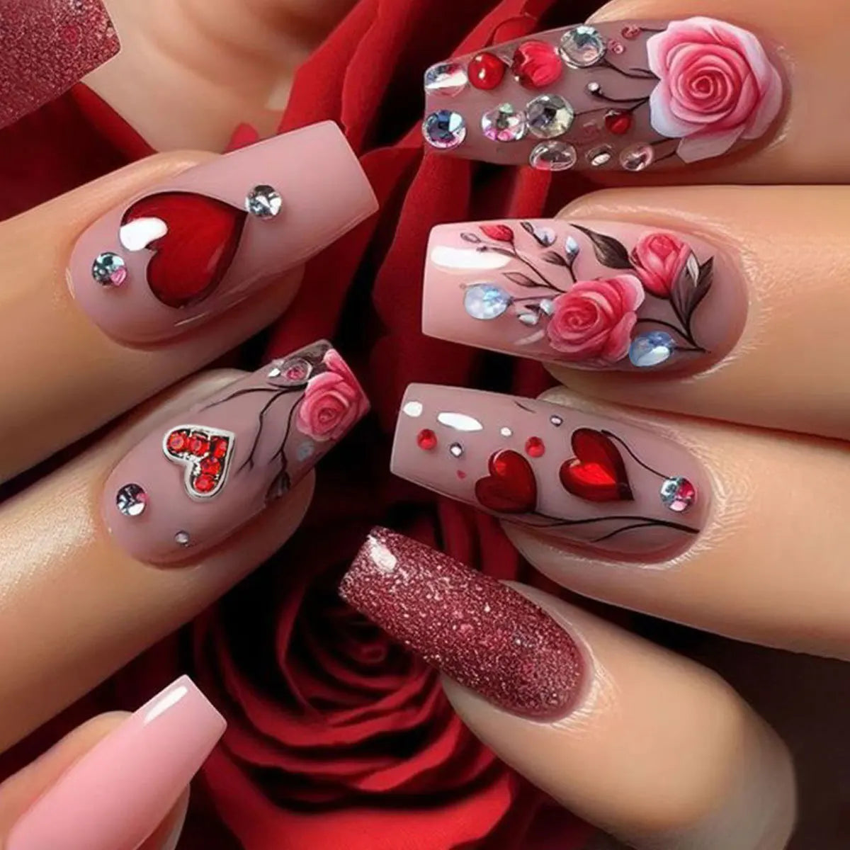 24Pcs Short Press on Nails Dark Red Black Mystical Valentine Design Ballet Fake Nails with Rose Pattern Wearable False Nail Art 5