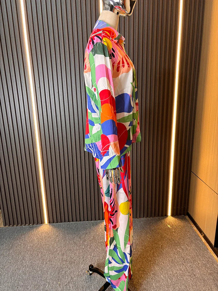 ZARATRASnew summer women's new trousers suit lapel loose silk texture shirt + positioning printed wide leg pants