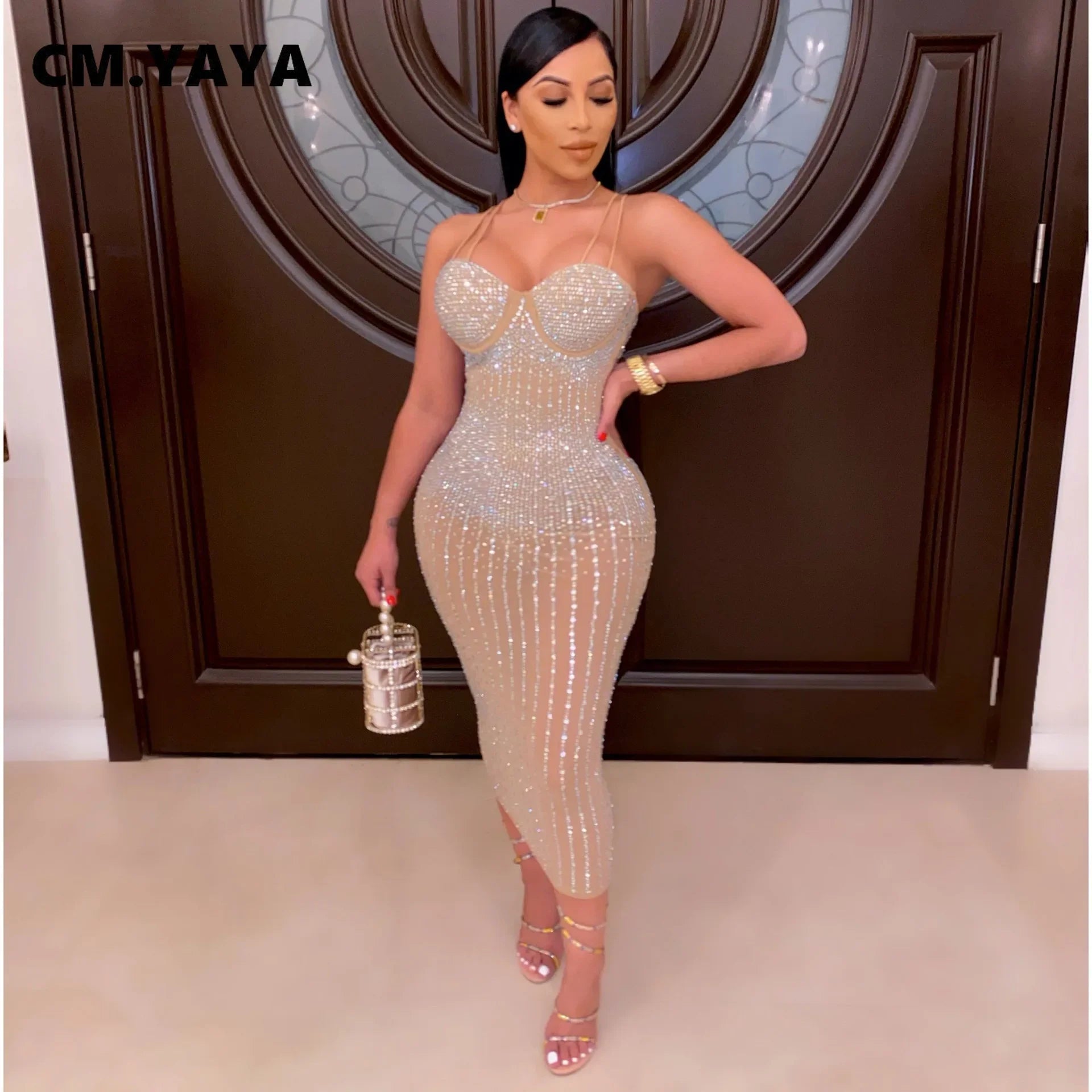 Mesh See Though Hot Rhinestones Plunging V-neck Midi Bodycon Dress Women Sexy Club Party Dresses Pencil Vestidos