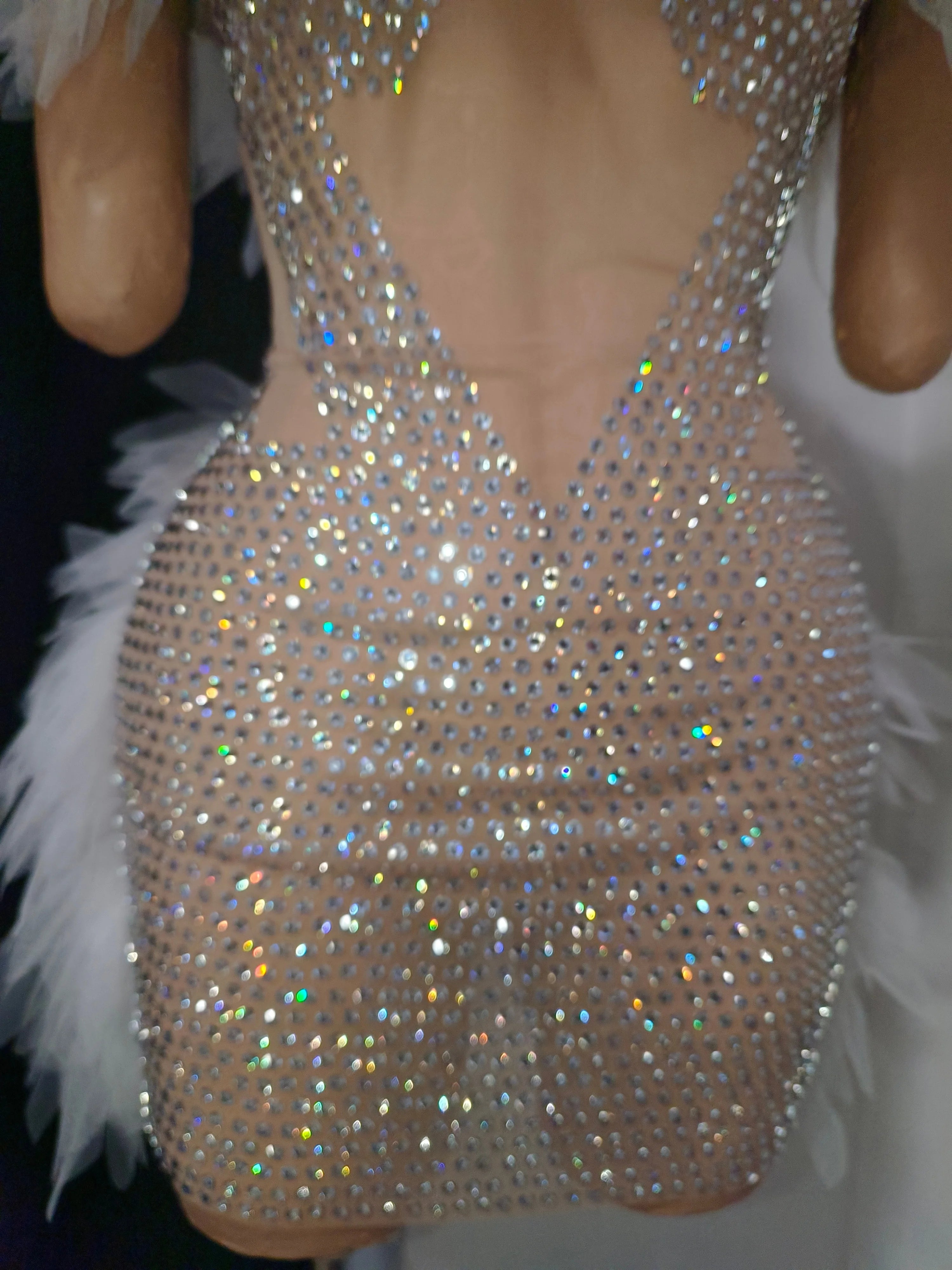 Bridal Shower Nightclub Birthday Party Dress Elegant Lace White Crystal Rhinestone Sheer Illusion Neck Tulle Mesh Mini Dress
