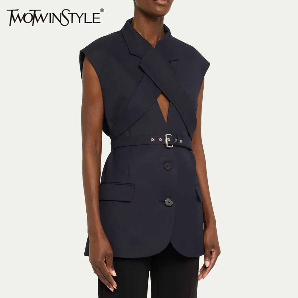 Solid Slimming Spliced Single Breasted Coat for Women Lapel Long Sleeves Patchwork Lace Up Top Female Clothing New