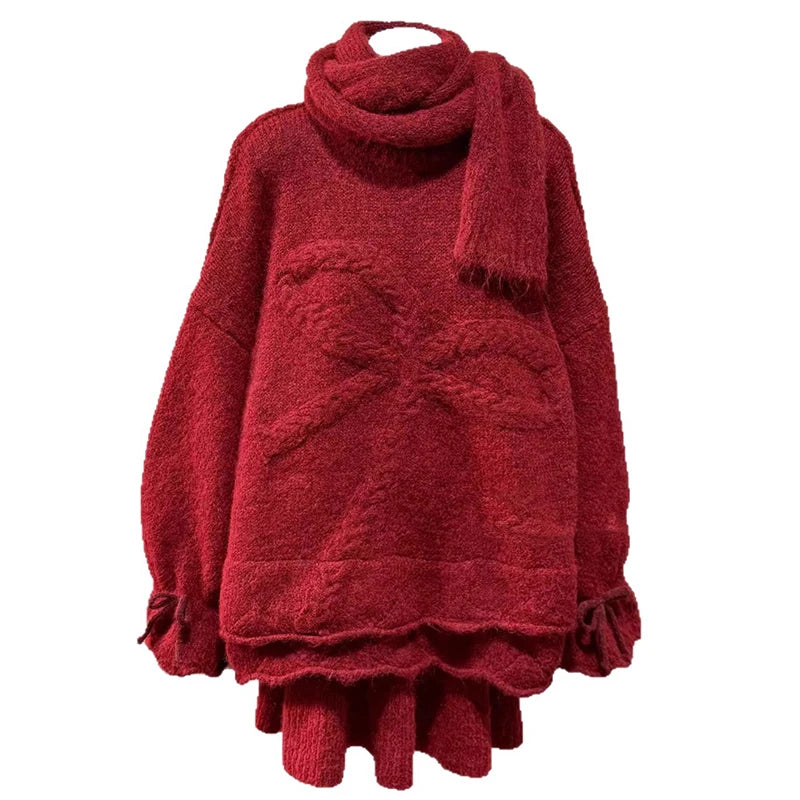 Autumn Winter New Style Scarf Bow Sweater Pullover Solid Color Knitted Skirt Three-Piece Set Set For Women 11A07911