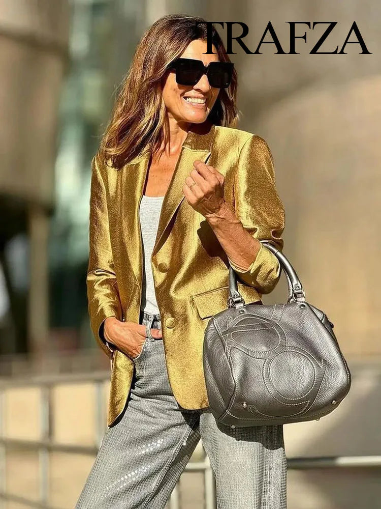 TRAFZA Autumn New Women's Fashion Gold Blazer Retro V Neck Party Long Sleeve Button Up Women's Pocket Casual Blazer Chic Top