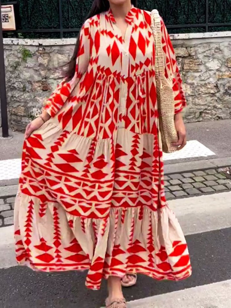 Women Print Shirt Maxi Dress Summer Vintage Boho Long Sleeve Pleated Dress Ladies Oversize Loose Buttons V Neck Dress Vestido Red