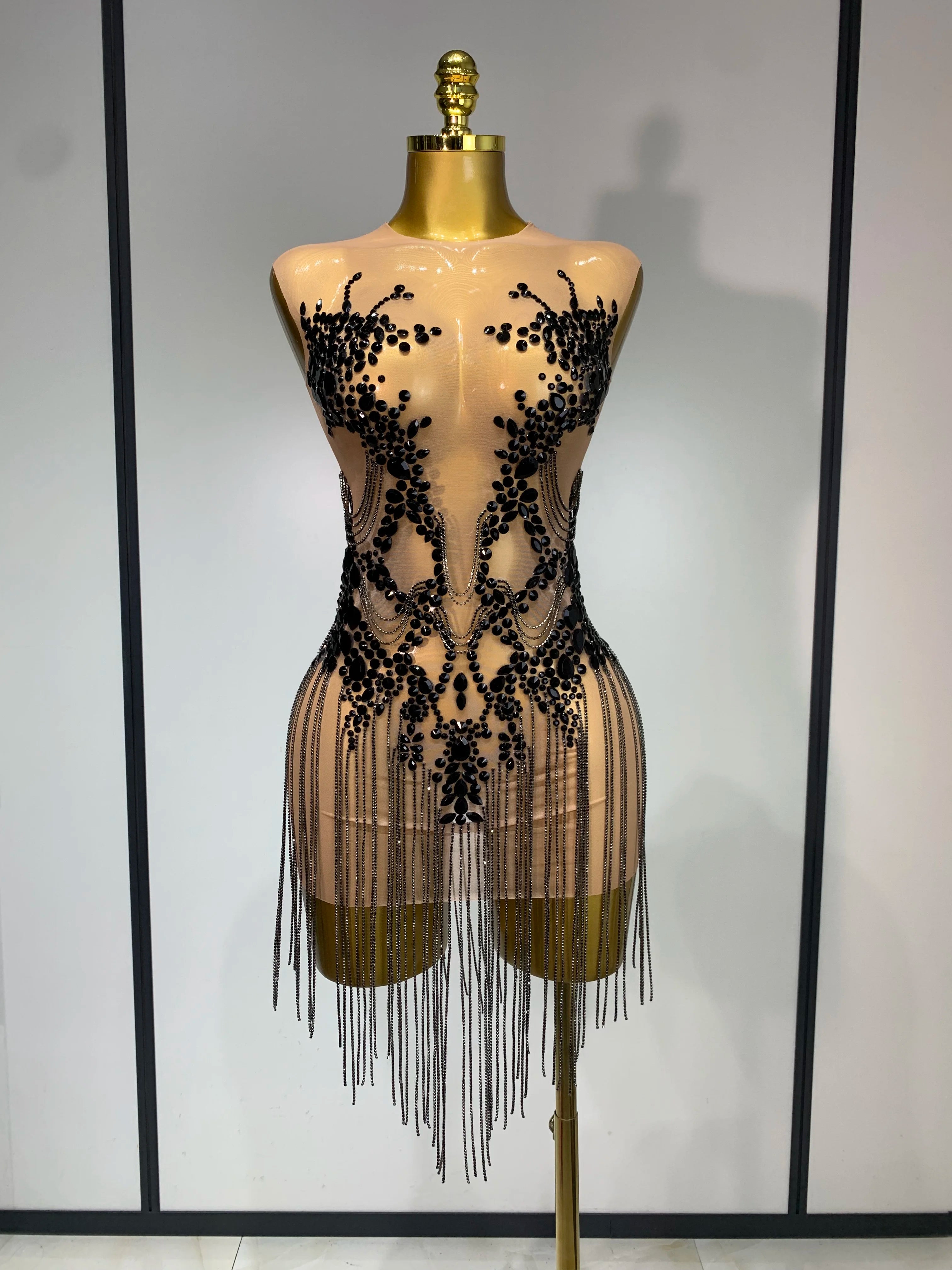 Luxury Rhinestones Chain Sleeveless Mini Dress Celebrity Elegant Sexy Performance Dance Nightclub Outfit Birthday Party Dress black