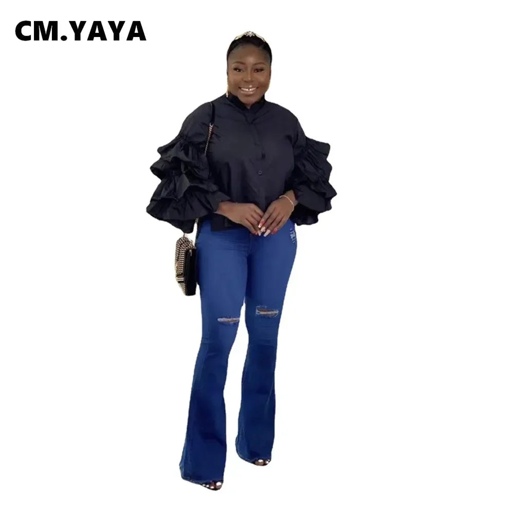 Women Shirts Solid Full Ruffles Sleeve Turn-down Collar Single Breasted Loose Shirts Office Lady Streetwear Summer Tops
