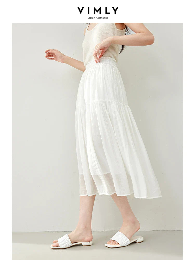 Vimly Black Elegant A-line Women's Midi Skirt Spring Simple Elastic Waist Solid Thin Female Skirts Women's Clothing M6079