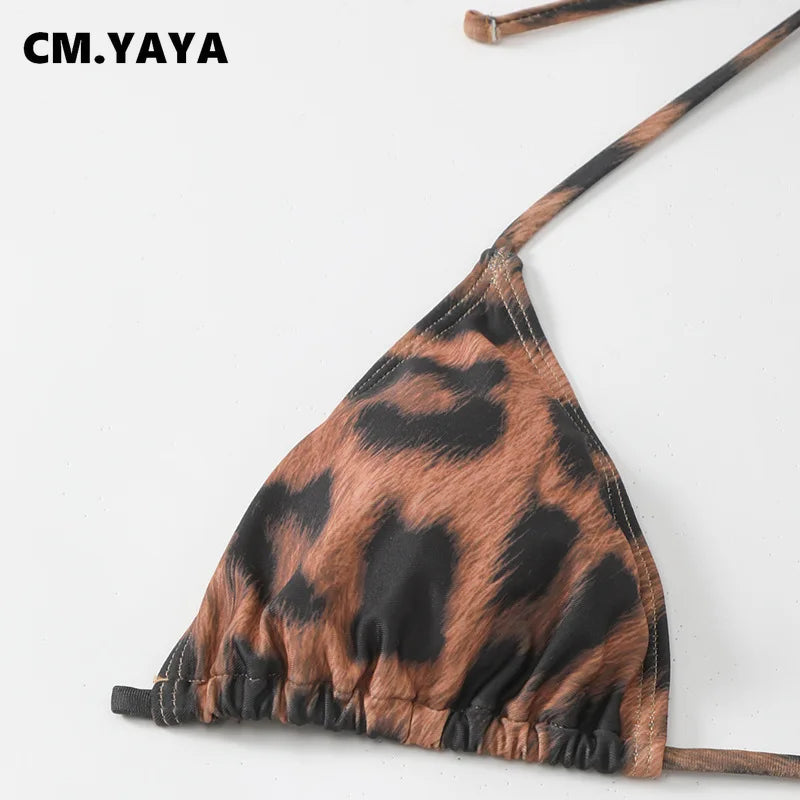Women Beach Bikini Set with Cutout Leopard Printed Sexy Long Bodycon Swimsuit Three 2 Piece Set Swimwear Bathing Suit