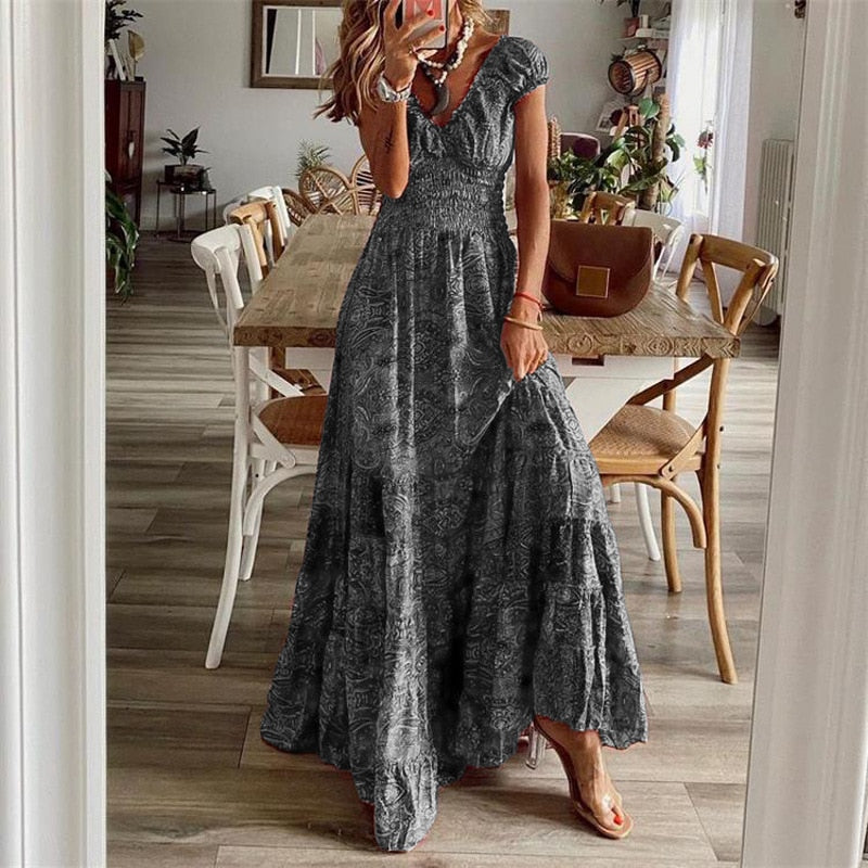 Women Vintage Print Maxi Dresses Summer Casual V Neck Short Sleeve Elastic Waist Dress Female Boho Beach Big Swing Long Dresses EA07932-Grey
